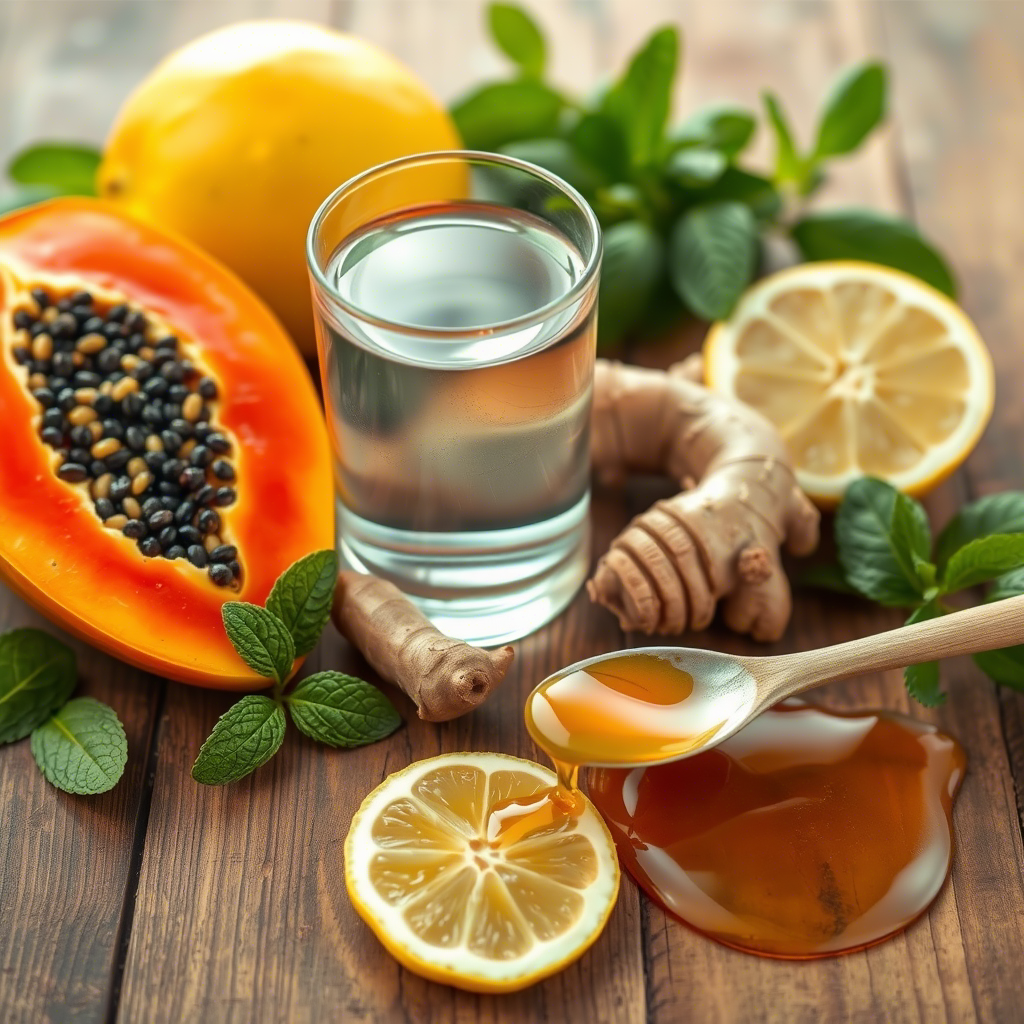 Ayurvedic ingredients for digestion on wooden table