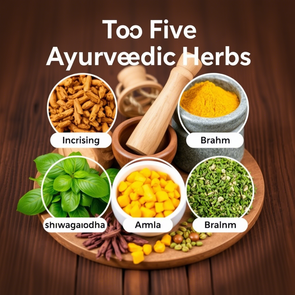 Various Ayurvedic herbs on wooden surface