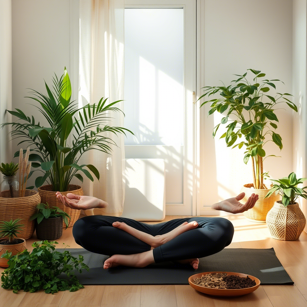 Person meditating at sunrise