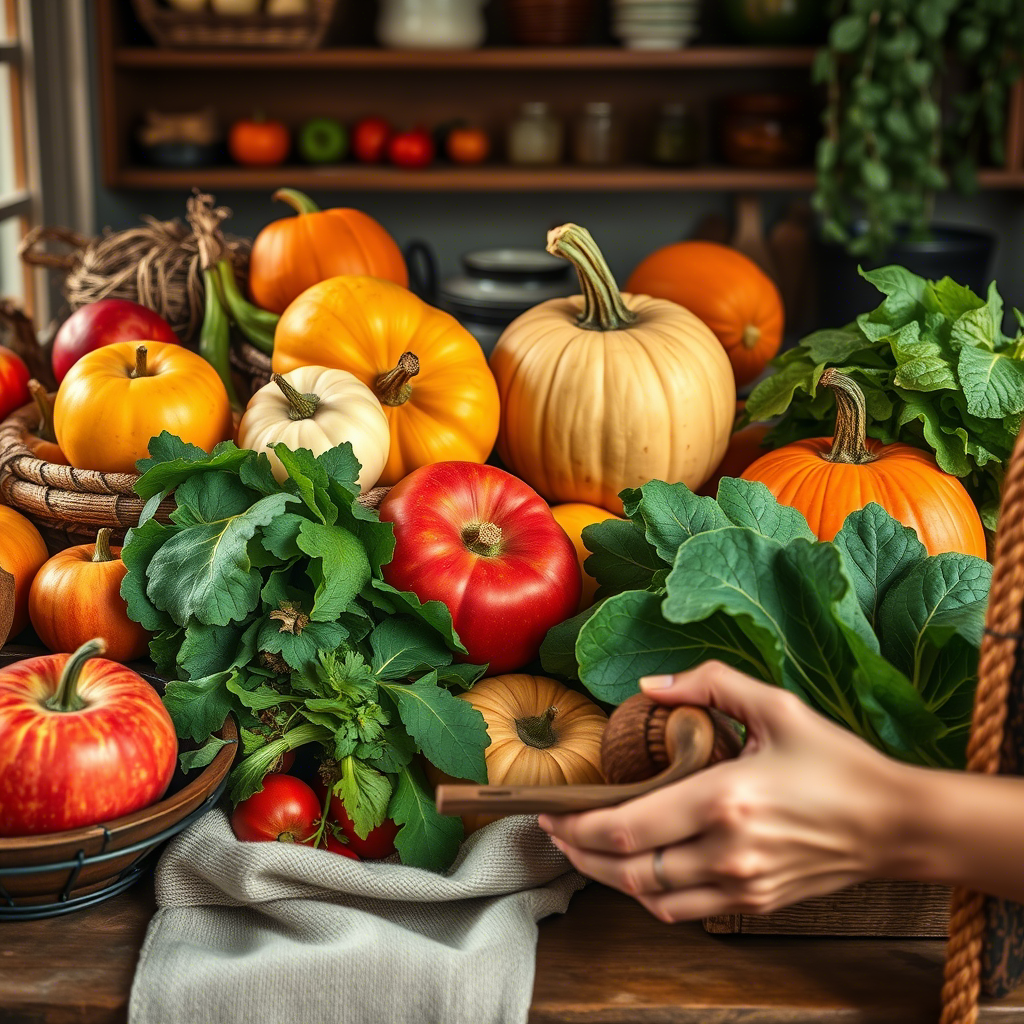 Seasonal fruits and vegetables arranged in a circle